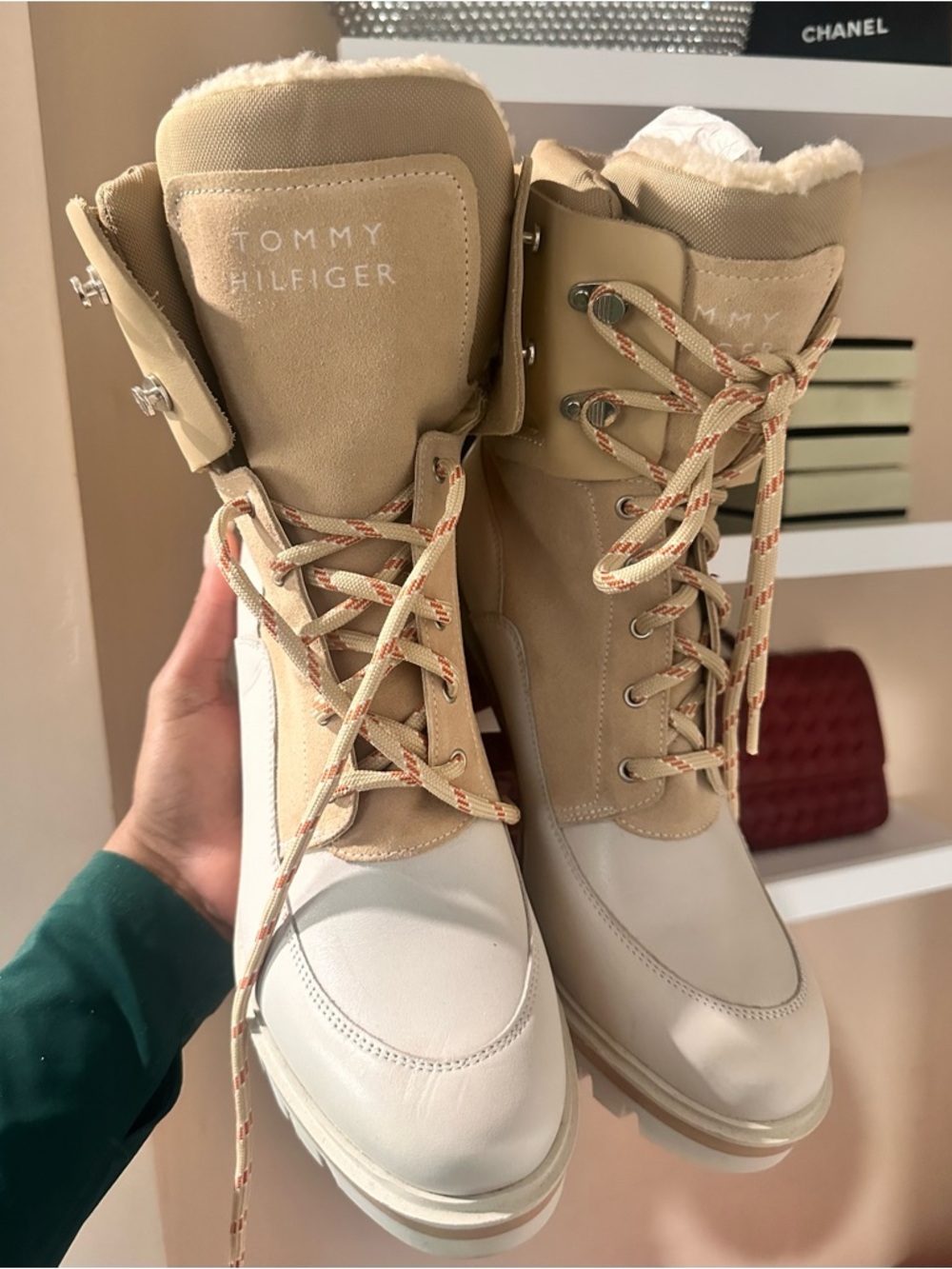 Tommy Hilfiger Two-Tone Beige and Cream Lace-Up Women's Boots